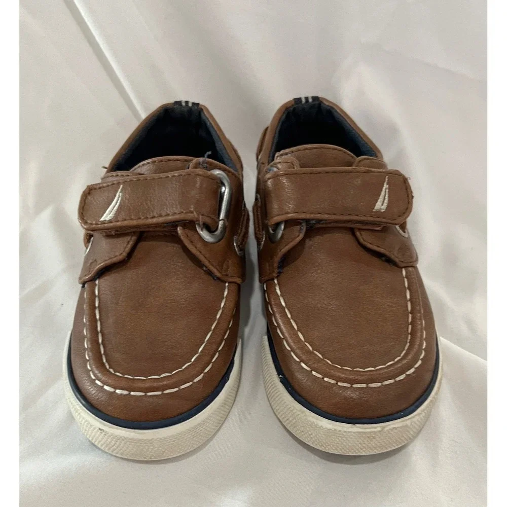 Nautica Little River Kids Brown Leather Boat Shoes Hook‎ and Loop Size 7 Toddler